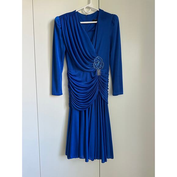 Vintage 80s Dynasty Cobalt Blue Dress Size 10 Draped Midi Length Sexy Party - Picture 9 of 12